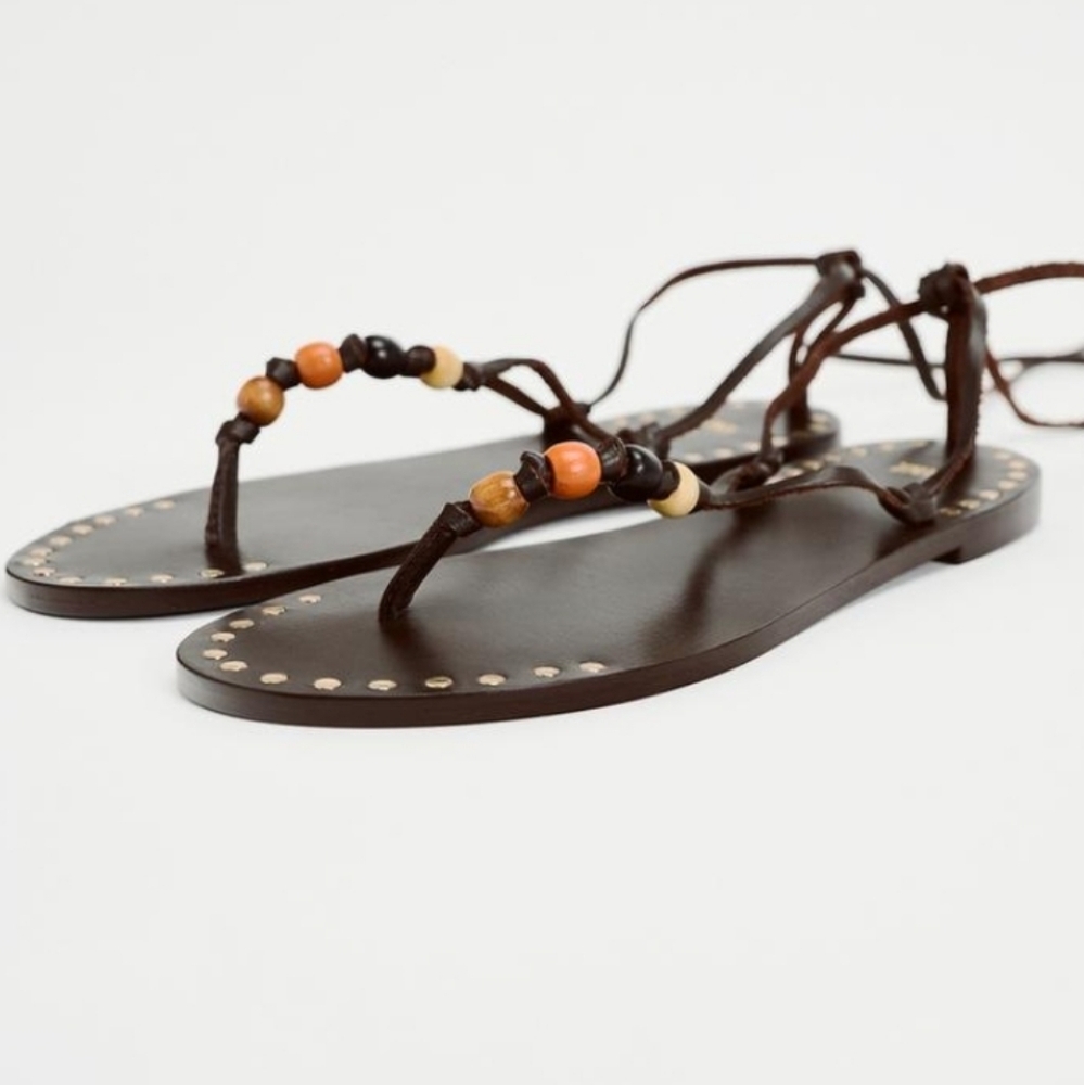 Zara Leather Beaded Lace-Up Studded Sandals Sz-11